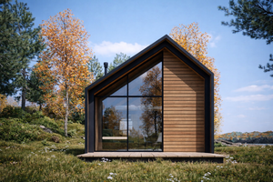 Moduļu mājas "Moderna"  skats no priekšas, kur ir liela stikla vitrīna un ļoti moderns dizains