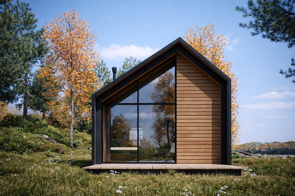 Moduļu mājas "Moderna"  skats no priekšas, kur ir liela stikla vitrīna un ļoti moderns dizains