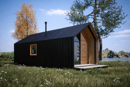 Moduļu mājas "Moderna" kreisais sānskats, kur var redzēt koka apdari un skursteni jeb dūmvadu