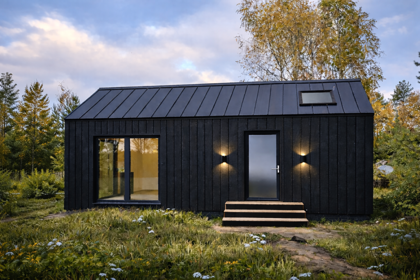 Moduļu mājas "Moderna" labais sānskats ar modernu apgaismojumu