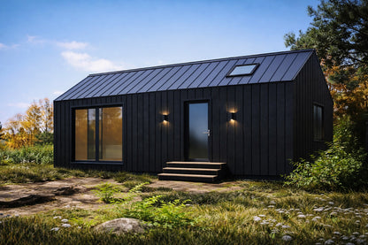 Moduļu mājas "Moderna" skats no labās malas un mājas aizmugures