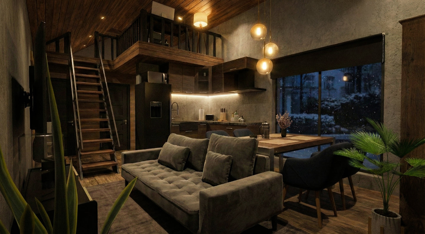 Moduļu mājas "Moderna" pirmā stāva modernais interjers ar dīvānu, virtuvi un trepēm uz otro stāvu jeb loftu.