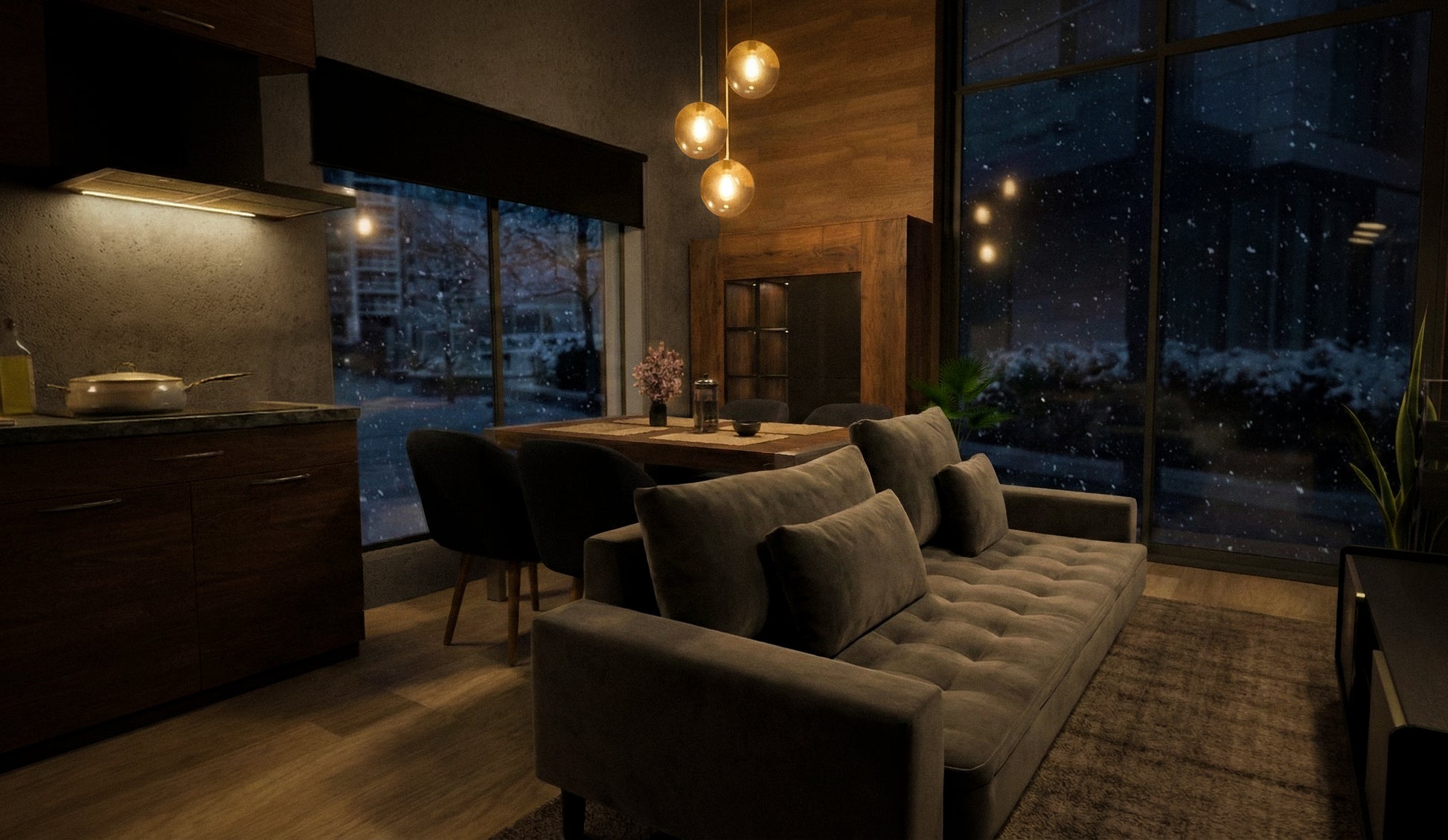 Moduļu mājas "Moderna" pirmā stāva interjers ar lieliem logiem