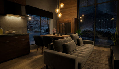 Moduļu mājas "Moderna" pirmā stāva interjers ar lieliem logiem