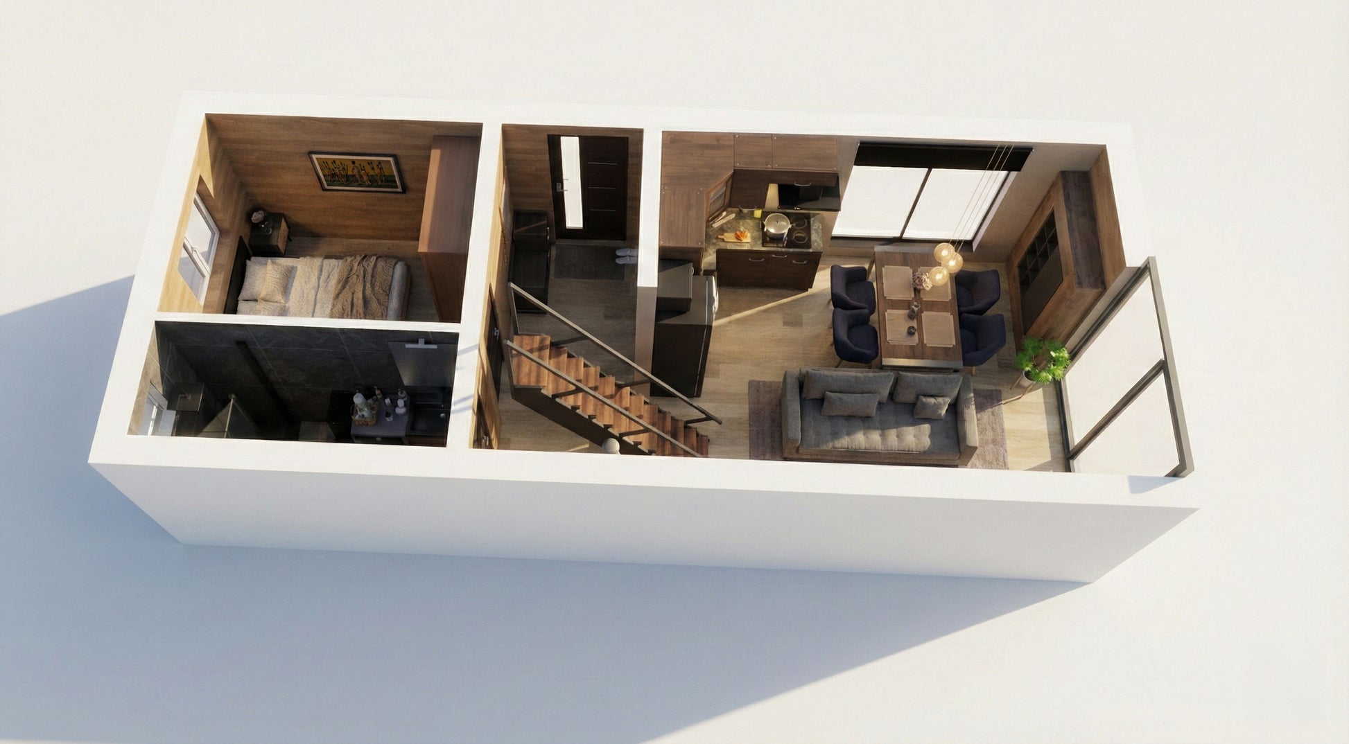 Moduļu mājas "Moderna" pirmā stāva plānojums, kur ir redzama guļamistaba, virtuve, dzīvojamā istaba un sānmezgls