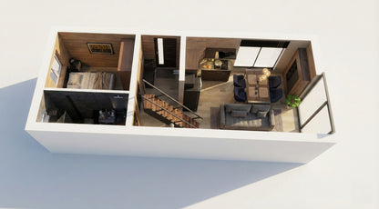 Moduļu mājas "Moderna" pirmā stāva plānojums, kur ir redzama guļamistaba, virtuve, dzīvojamā istaba un sānmezgls